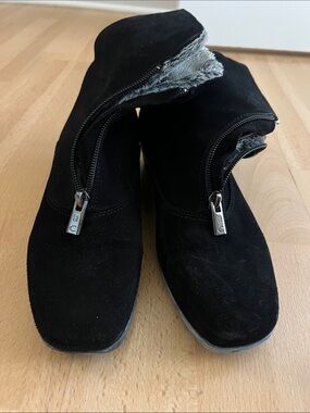 La CANADIENNE Black Suede Ankle Booties with Fur Trim made in Canada